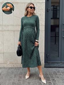 SHEIN 孕婦綠色長袖圓領休閒百搭洋裝 - 綠色 - 查看 2