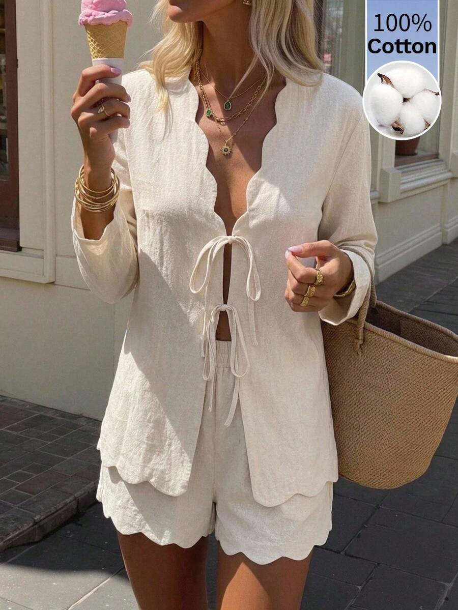Serisse Women's Elegant 100% Cotton Solid Color Two Piece Set Tie Front Long Sleeve Top And Scallop Shorts Teachers' Day Office Brunch Back To School Autumn - Apricot - View 1
