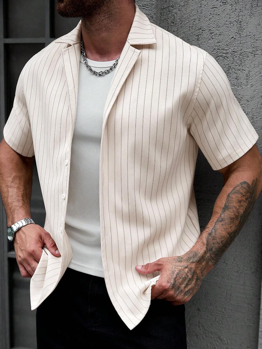 Manfinity CasualCool Men's Casual Versatile Single-Breasted Short Sleeve Shirt For Daily Wear - Khaki - View 1