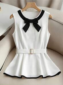 Franclia Women's Elegant Summer Black And White Tea Party Brunch Sleeveless Tank Top,Fashionable Patchwork Contrast Color Bow Round Neck Loose Hem Top - Black and White - View 5