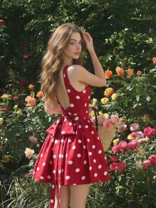 SHEIN MOD 女款甜美法式波點印花百褶洋裝 - 紅色 - View 3