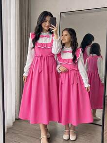 SHEIN 青少年女孩休閒學院風日常百搭舒適拼接撞色領洋裝 開學季秋冬穿搭 - 粉色 - 查看 9