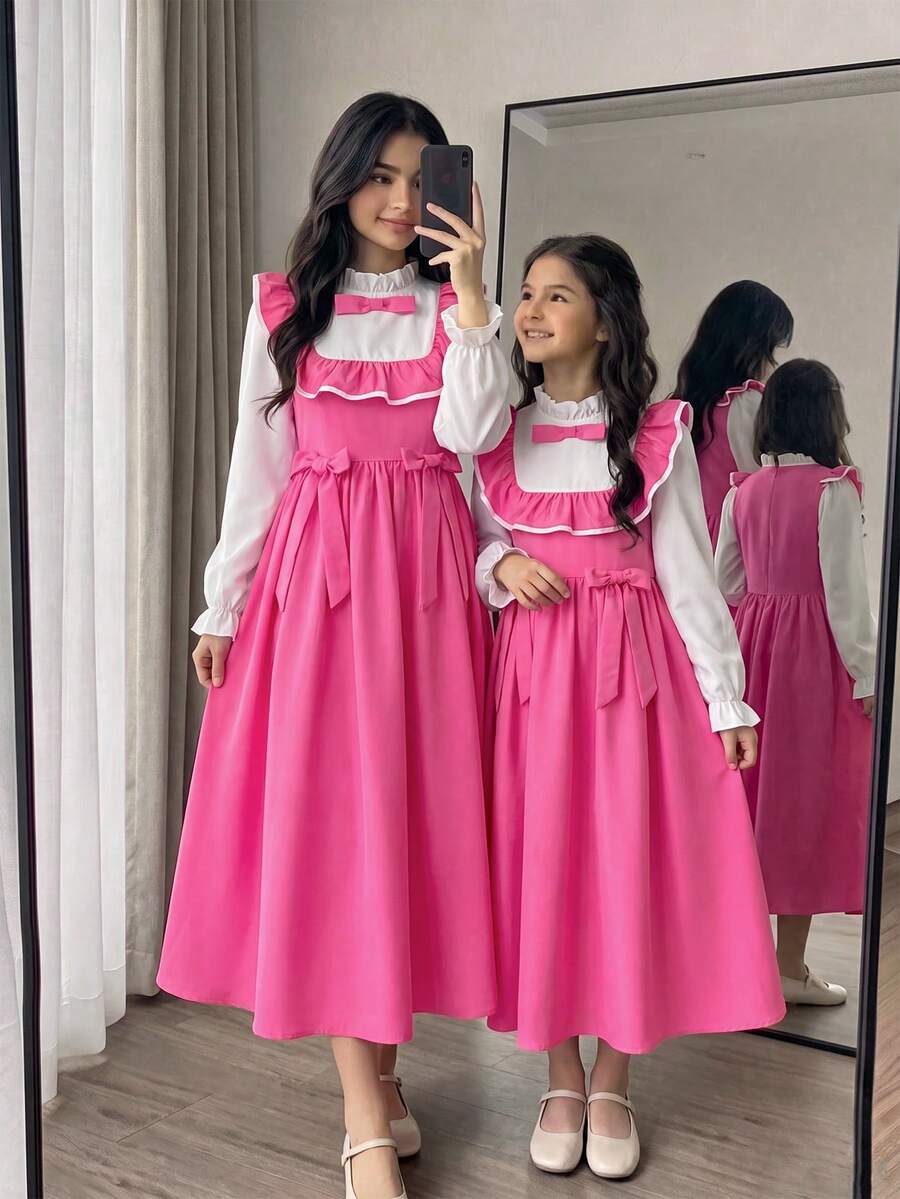 SHEIN فستان كاجوال متعدد الاستخدامات مريح للفتيات المراهقات بتصميم باتشورك وياقة بألوان متباينة، مناسب للكلية والاستخدام اليومي، إطلالة العودة إلى المدرسة لفصلي الخريف والشتاء - وردي - مشاهدة 1