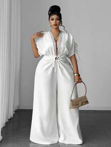 Maweii Jumpsuit Kasual Lengan Pendek Klasik Ukuran Plus, Serbaguna, Motif Renda, untuk Perjalanan Sehari-hari - Putih - View 3