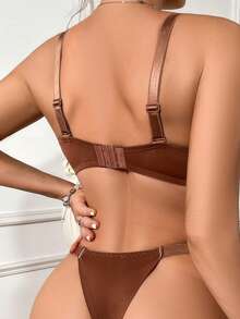 Minimalist Solid Color Wire-Bra And Thong Underwear Set - Brown - View 2