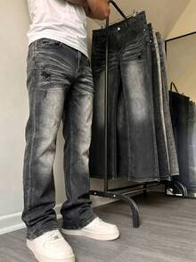 Manfinity Roghcode Men's American Vintage Niche Washed Horseshoe Denim Jeans Slim Fit Stretch Flared Leg Long Pants - Black - View 3