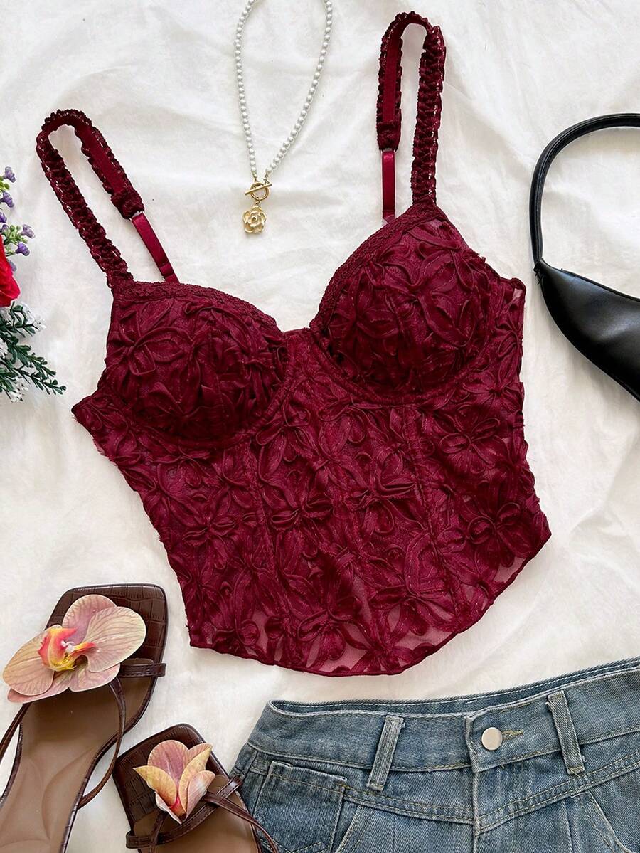 Soleia Spring/Summer Casual Vacation Lace Sheer Fishbone Tank Top For Beach And Wedding - Burgundy - View 1