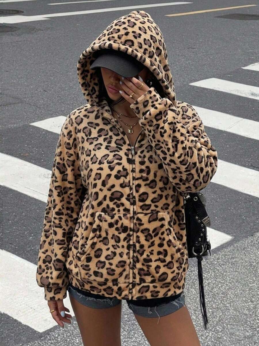 Muchica 女款休閒極簡珊瑚色豹紋連帽開襟運動衫,適合秋冬,薄款保暖內裡 - 彩色 - 查看 1