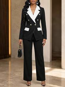 Fleurora Women's Colorblock Lapel NeckLong Sleeve Double-Breasted Jacket And Pants Elegant Suit Set - Black and White - View 7