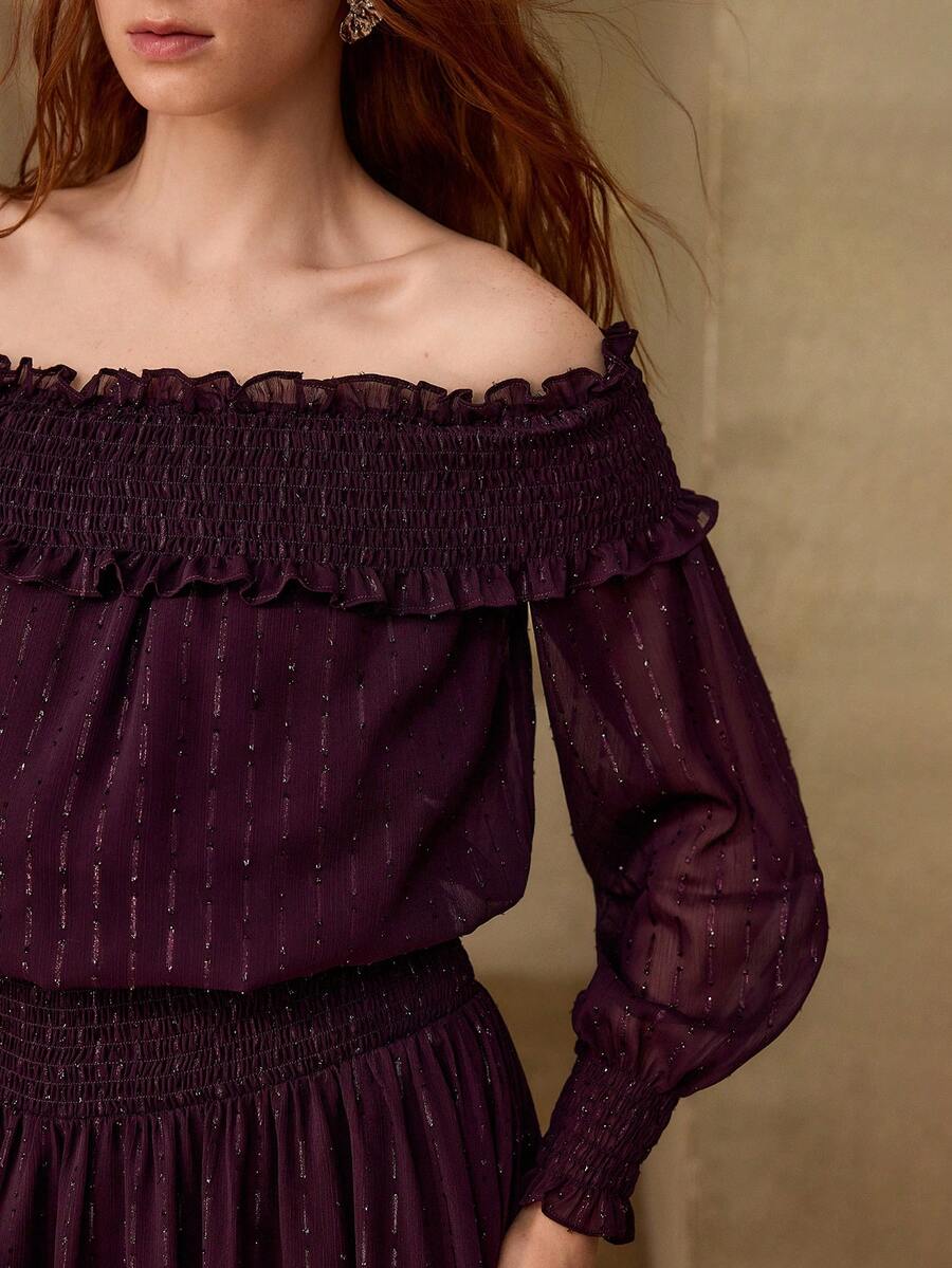 MOTF PREMIUM WOMEN'S FASHION ELEGANT OFF SHOULDER FRILL TRIM LONG DRESS - Coffee - View 2