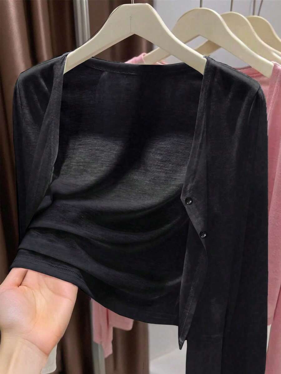 SHEIN كارديجان قصير للبنات باللون الأسود من الصوف المحبوك بياقة دائرية وأزرار أمامية، ملابس خريفية، بقصة ضيقة مريحة ومتعددة الاستخدامات