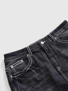 ROMWE J-Fashion Y2K復古蝶繡可調式對比縫線女款大尺碼牛仔迷你裙 - 黑色 - 查看 3