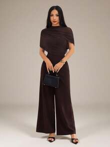 SHEIN PETITE Mono de unicolor elegante con manga corta y patchwork de malla, primavera/verano - Marrón - Ver 3