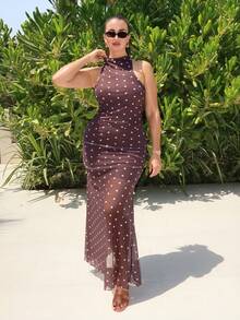 MDEdit Elegant Black White Polka Dot Summer 2-Piece Set,Fashion Backless Halter Top & Fitted Mini Skirt Vacation Outfit,Sweet Y2K Tea Party Date Night Brown - Brown - View 1