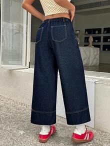 SHEIN Tween女孩深藍色寬鬆牛仔長褲 10Y Y2K 夏季秋季 日 婚禮 - 藍色 - 查看 4