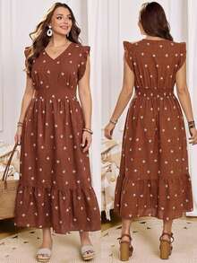 Rosumi Vestido de mujer talla grande para verano, casual, de vacaciones, con estampado floral campestre, color marrón, con volantes en el bajo, para salir, playa, fluido, otoño - Óxido marrón - Ver 9