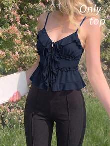 SHEIN MOD Summer Navy Bodycon Ruffle Cup Wireless Bralette With Front Knot And Back Straps - Navy Blue - View 6