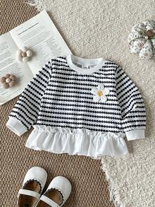 SHEIN 女嬰時尚刺繡蕾絲下擺印花運動衫 - 黑與白 - 查看 1