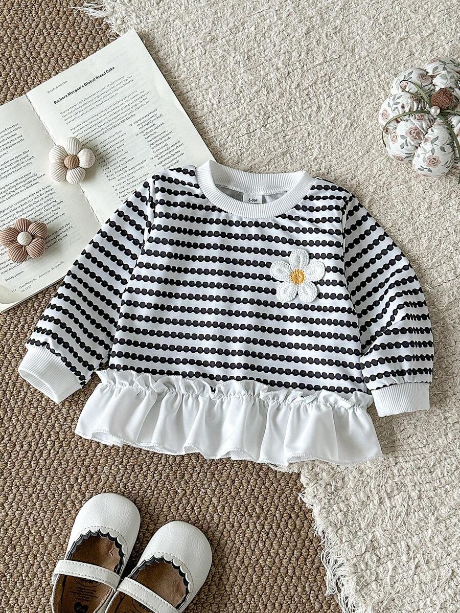 SHEIN 女嬰時尚刺繡蕾絲下擺印花運動衫 - 黑與白 - 查看 1
