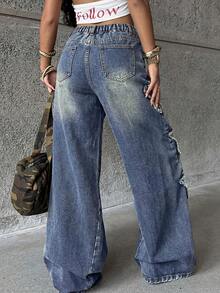 Coolane Teen Girls Rapper Athleisure Grunge Star Pattern Washed Jeans - Medium Wash - View 2
