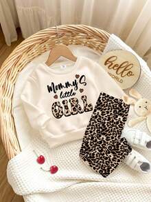 Mama's Little Girl❤ 奶油白復古豹紋女嬰休閒圓領長袖衛衣與休閒內搭褲2件套，適合秋冬日常穿著、外出、親子穿搭、上學 - 彩色 - 查看 5