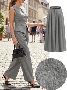 Editum Pantalones largos de pierna ancha con volantes texturizados en gris para mujer, pantalones versátiles elegantes casuales de negocios para oficina, trabajo, verano y Día del Maestro - Gris - Ver 1
