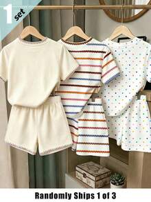 Souflis Souflis (1 Random Item From 3) Summer Fresh And Simple Girl's Brown Stripe Colorful Flower Pattern Printed Basic Short T Plus Shorts Set - Multicolor - View 2