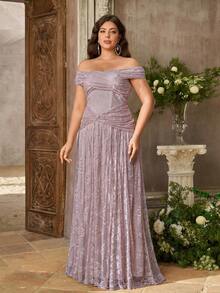 Aureia Plus Size Elegant Romantic Off-Shoulder Beaded Embroidered Heart Neckline Patchwork Mesh Pleated Design Ruffle Bodycon Mermaid Hem Evening Gown, Suitable For Festivals, Celebrations, Weddings, Balls, Concerts, Business Banquets, Guest Events, Internet Celebrity Style, Women's Heavy Work Evening Dress - Dusty Pink - View 6