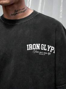 IRON GLYPH Men's Shoulder Sleeve Washed Letter Print T-Shirt - Black - View 7