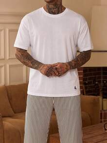 DAZY Short Sleeve Top & Striped Long Pants Loose Fit Embroidered Pattern Multi-Color Men's Loungewear Set - Multicolor - View 5