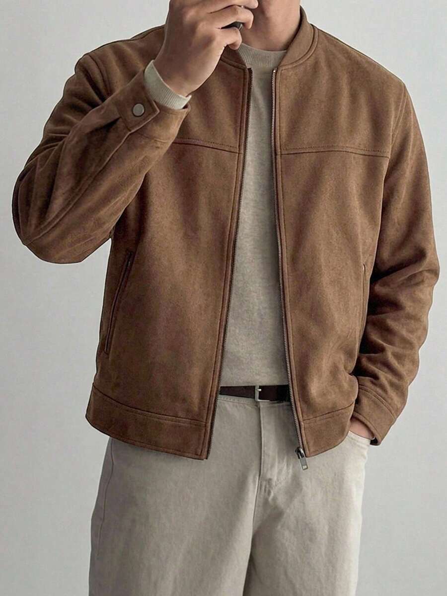 DAZY Autumn Solid Brown Suede Baseball Collar Men's Jacket And Coat - Brown - View 1
