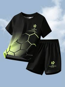 SHEIN Young Boy Casual Football Print Round Neck Short Sleeve T-Shirt And Shorts Sports Set - Green - View 2