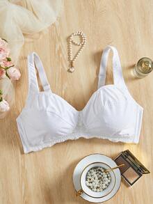 SHEIN 1 buah Bra Tanpa Kawat Bertekstur Patchwork Renda Ukuran Plus - Putih - View 7