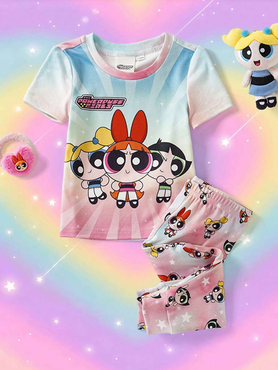 THE POWERPUFF GIRLS X SHEIN Baby Girl Round Neck Letter Cartoon Print Short Sleeve Top And Long Pants Casual Daily Home Sleepwear Set - Multicolor - View 1