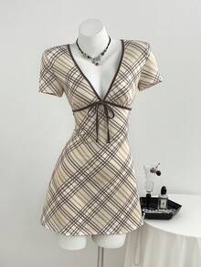 Elamini Women's Plaid Front Tie Short Sleeve Casual Preppy Sexy Cute Short Dress Back-To-School Date Everyday Graduation Teacher Elementary Beige Summer - Apricot - View 7