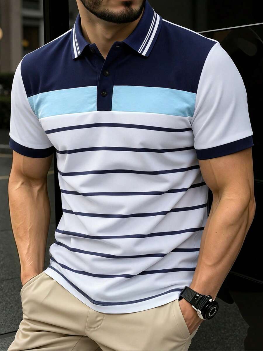 Calvornis Men's Striped Short Sleeve Polo Shirt, Summer Travel Essential - Multicolor - View 1