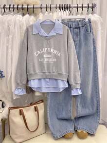 SHEIN 2pcs/Set Girls' Casual Striped Patchwork Lapel Fresh Commuting Style Denim Pants Outfit, Suitable For Outdoor And Daily Wear - Grey - View 9