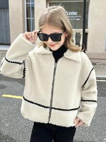 SHEIN Serisse Kids Tween 女童休闲街头风格时尚领口撞色装饰泰迪羊毛超大夹克，适合秋冬季 - 白色 - 查看 9