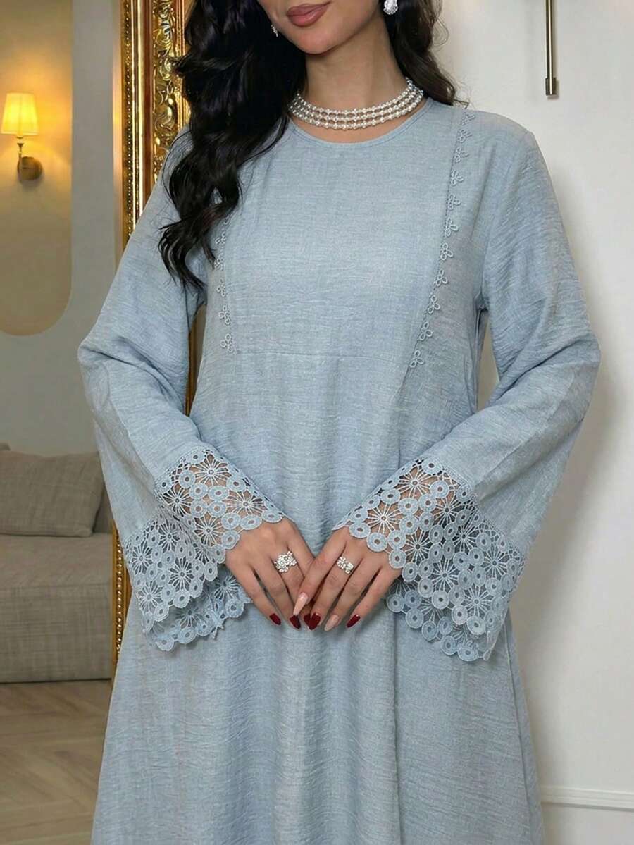 Al Najma 浅蓝色拼接缎带饰边宽松休闲女式连衣裙 - 藍色 - 查看 1