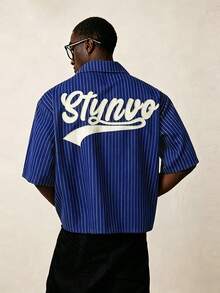 STYNVO 男士字母刺繡條紋短袖休閒襯衫 - 寶藍色 - 查看 1