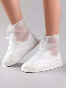 1 Pair Of White, Transparent Plastic Drawstring Waterproof Rain Boot Covers, Available In Various Sizes. Water- And Dust-Resistant, Reusable Boot Covers. Outdoor Accessories. Suitable For Use In Schools, Offices, Homes, During Travel, - White - View 4