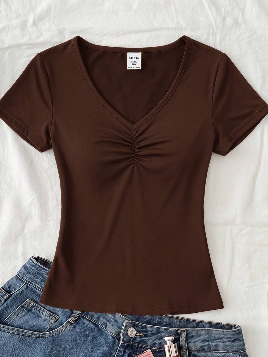 SHEIN 青少年女孩粉色V領胸前抓皺蕾絲拼接短袖T恤 - 咖啡棕 - 查看 1