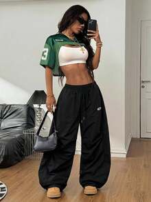 Coolane Áo crop top tay ngắn in họa tiết satin lưới ghép cho nữ màu xanh lá cây - màu xanh lá - Xem 6