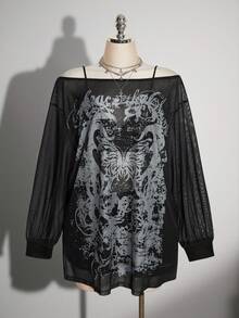 SHEIN ICON 女款大尺碼露肩蝴蝶印花長袖網紗黑色洋裝 - 黑色 - 查看 3