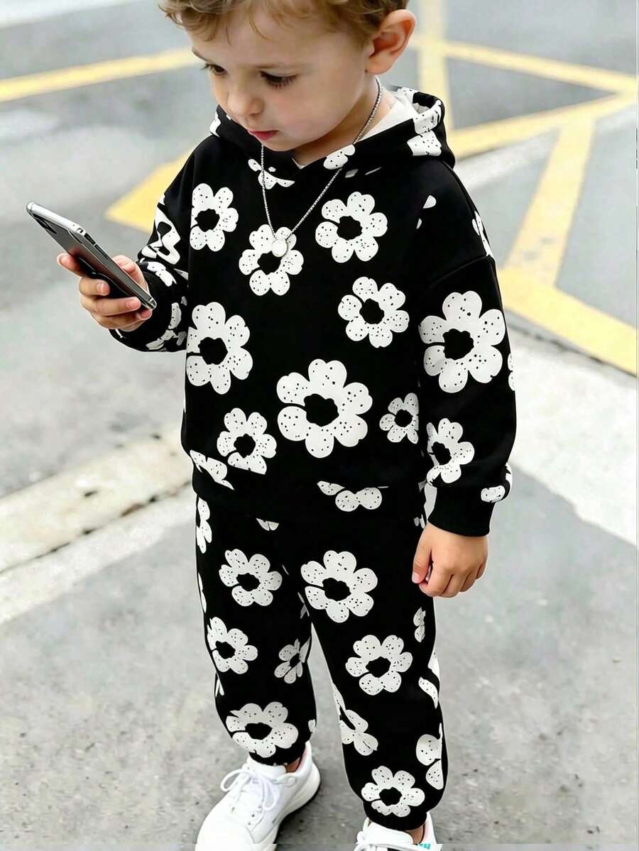 (1套) 秋季男嬰清新時尚休閒小尺寸黑色底白色花卉圖案基礎連帽衛衣與運動長褲 - 黑色 - 查看 1