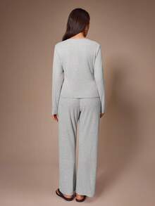 Lazeform Heart Embroidered Casual Women's Pajama Set Loungewear - Light Grey - View 3