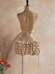 Soleia Women's Spring/Summer Romantic Boho Vacation 2-Piece Set: Draped Neck Crochet Tank Top, Steel Bead Tassel Decor + Multi-Layer Ruffle Mini Skirt, Sexy - Apricot - View 3
