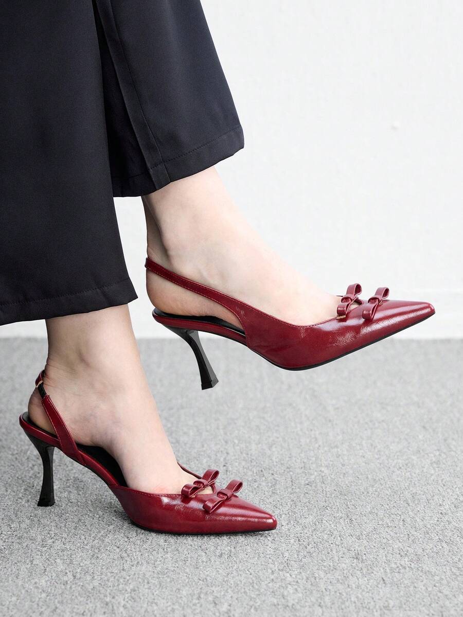 CUCCOO BIZCHIC Sandálias Slingback Femininas com Laço Duplo em V, Sapatos Slingback de Salto Agulha com Bico Fino, Saltos Altos Retrô Franceses Vermelhos Brilhantes, para Encontros e Jantares - Vermelho - Visão 1