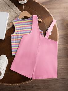 SHEIN Genkimix Kids 女童夏季新款休闲上衣和背带短裤套装，条纹上衣搭配粉色吊带裤，饰有可爱的熊心图案，百搭甜美，适合女孩穿着。可爱套装，女童夏季服装，适合年轻女孩夏季度假穿着。 - 玫紅色 - 查看 3