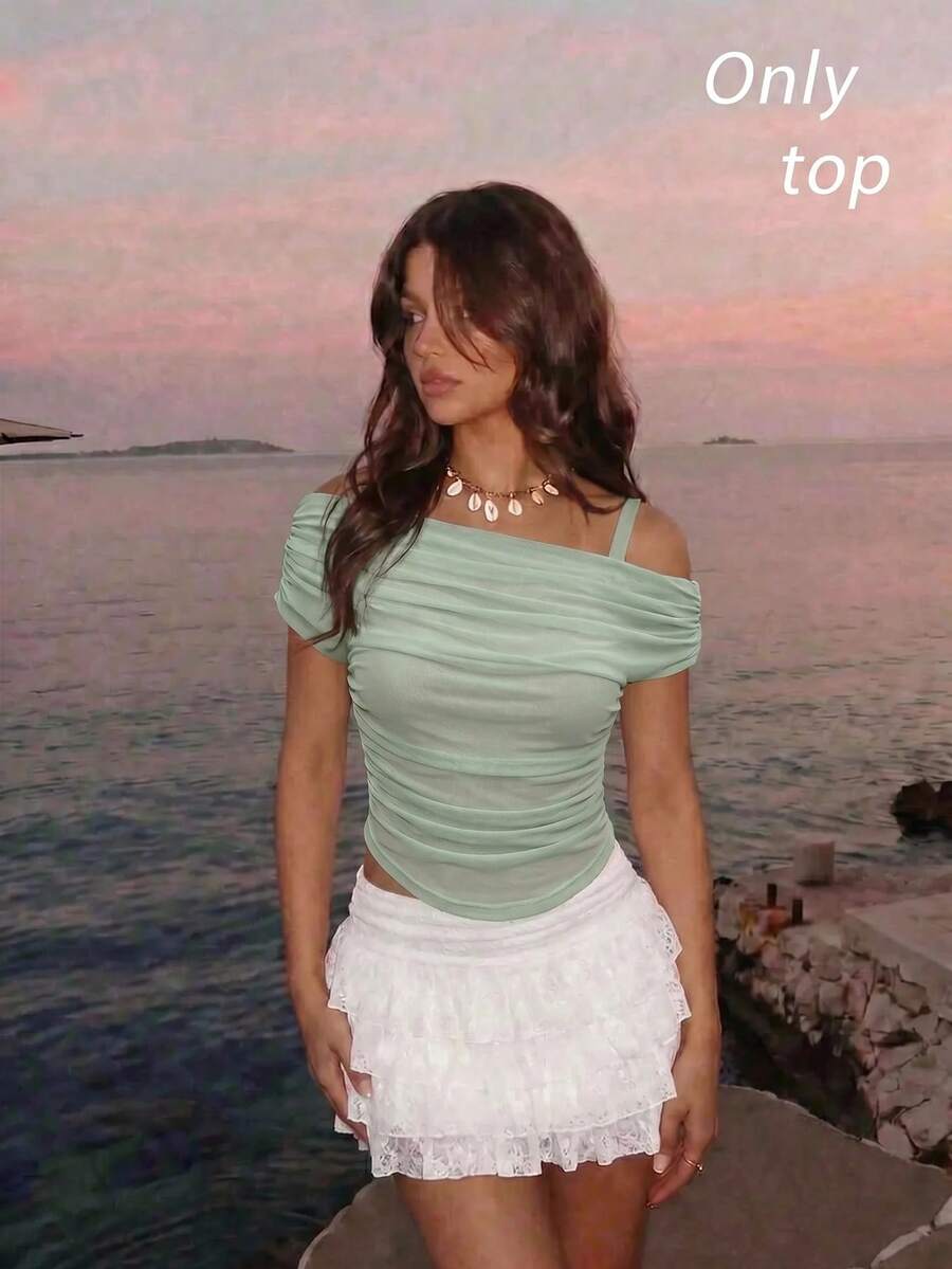 SHEIN MOD Solid Color Mesh Overlay Sleeveless Top For Women, Green - Green - View 1